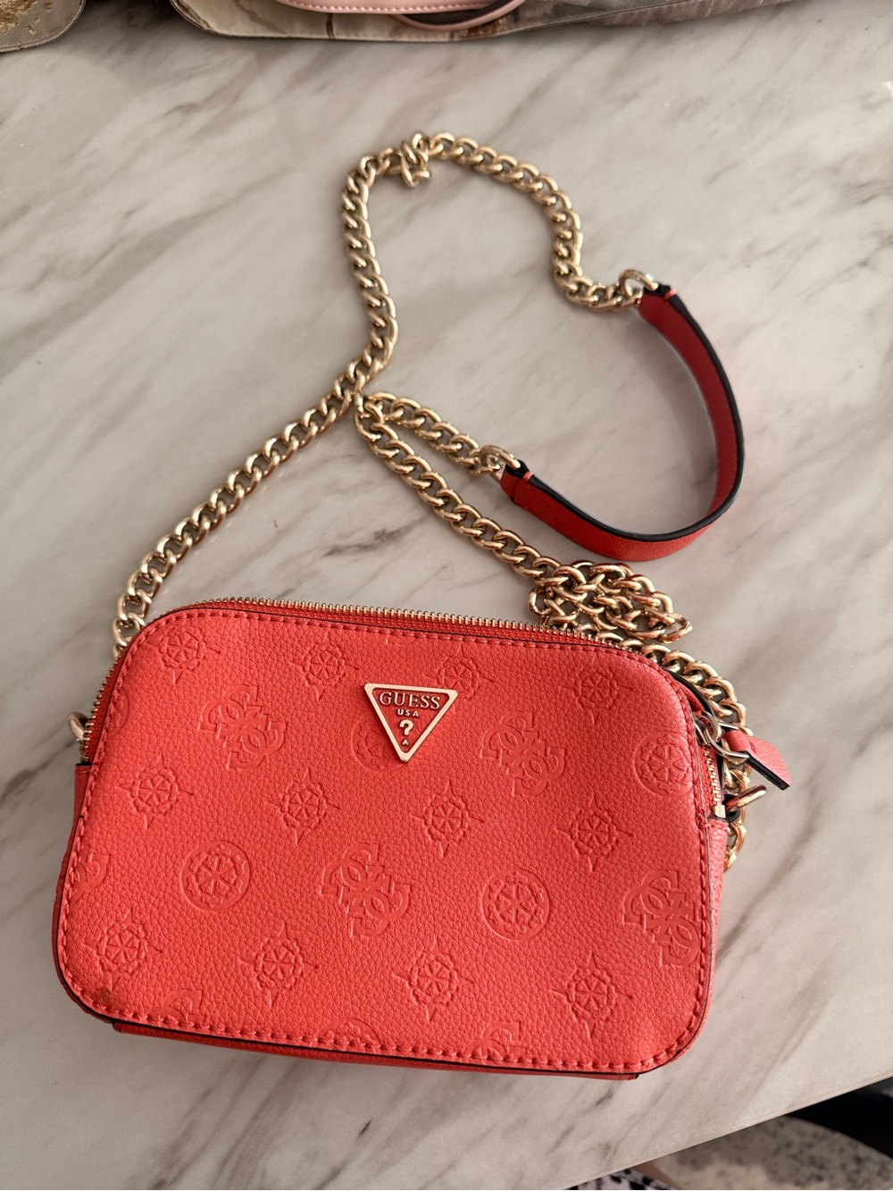 GUESS Coral-Red Embossed Crossbody with Gold Chain Strap